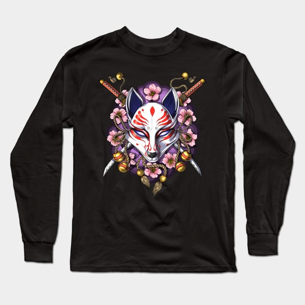 Japanese Kitsune Fox Mask Long Sleeve T-Shirt by underheaven